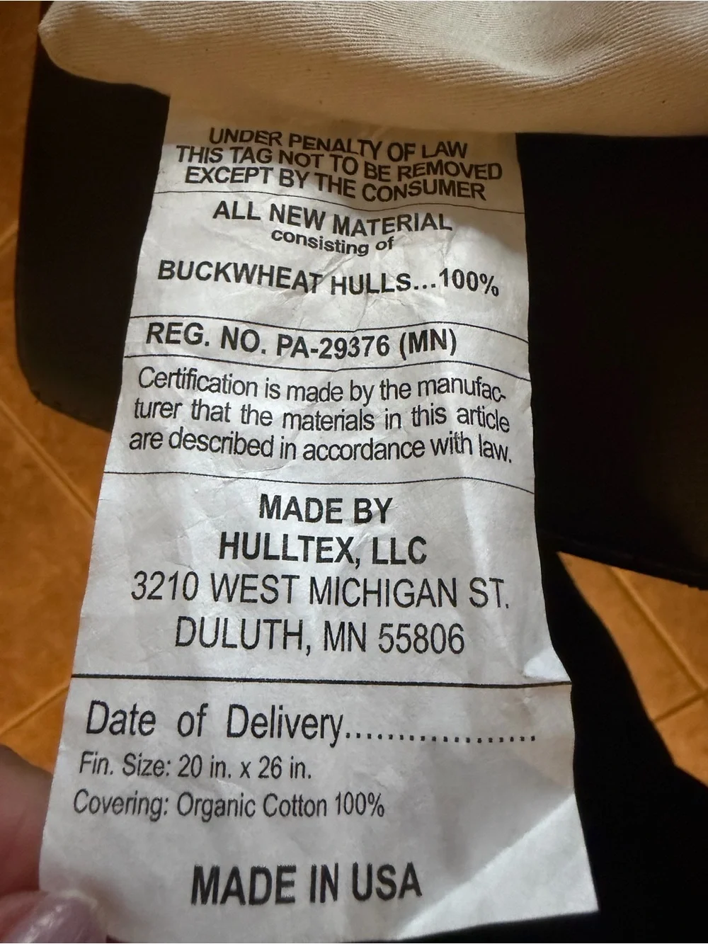 Hullo Buckwheat filled pillow 20”x26” standard size pillow